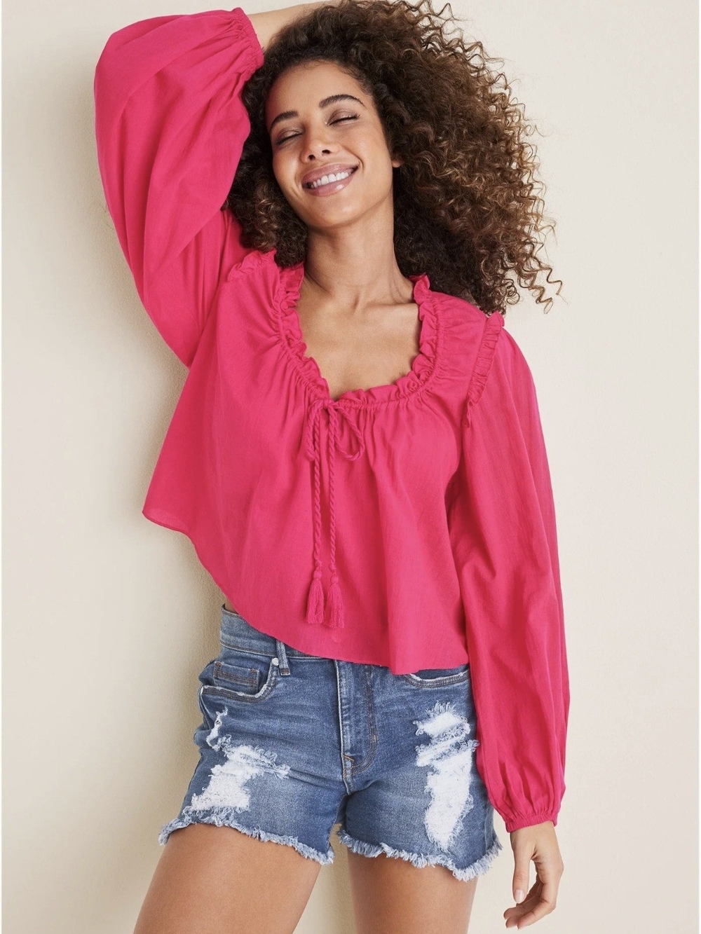 NWT VENUS Hot Pink Ruffle Tie-Neck Peasant Blouse